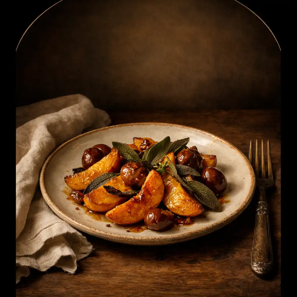 Autumn dish with roasted quince, chestnut, and sage plated like a Renaissance still life