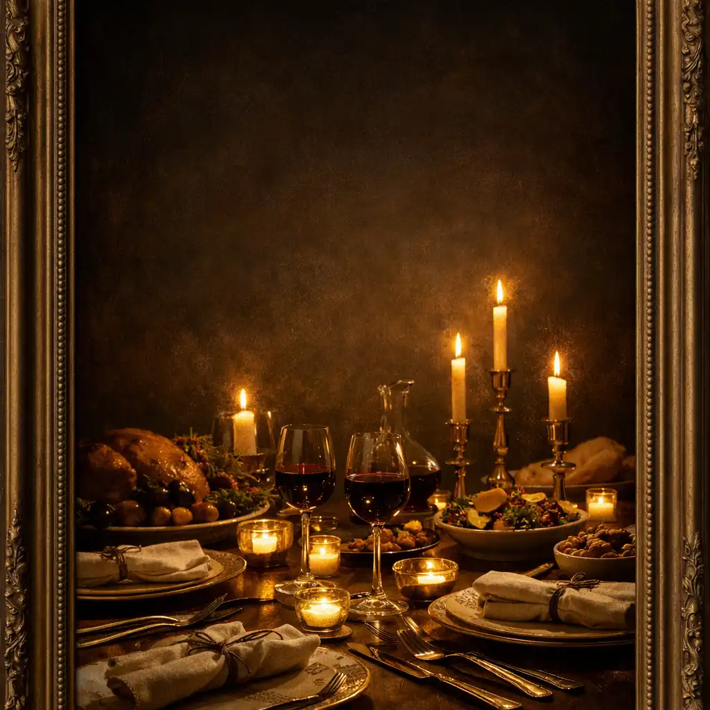 Candlelit dinner table set with seasonal dishes, wine glasses, and linen napkins in a Renaissance-style frame