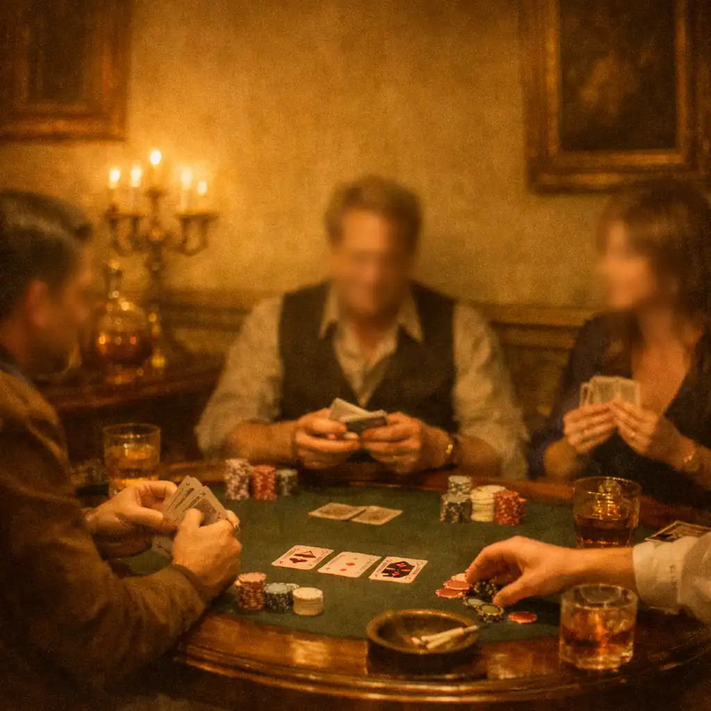 Card lounge during a poker evening with guests seated around a low table in warm lamplight
