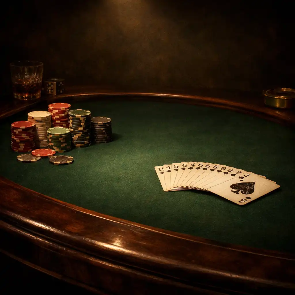 Handcrafted poker table in the card lounge with chips and cards