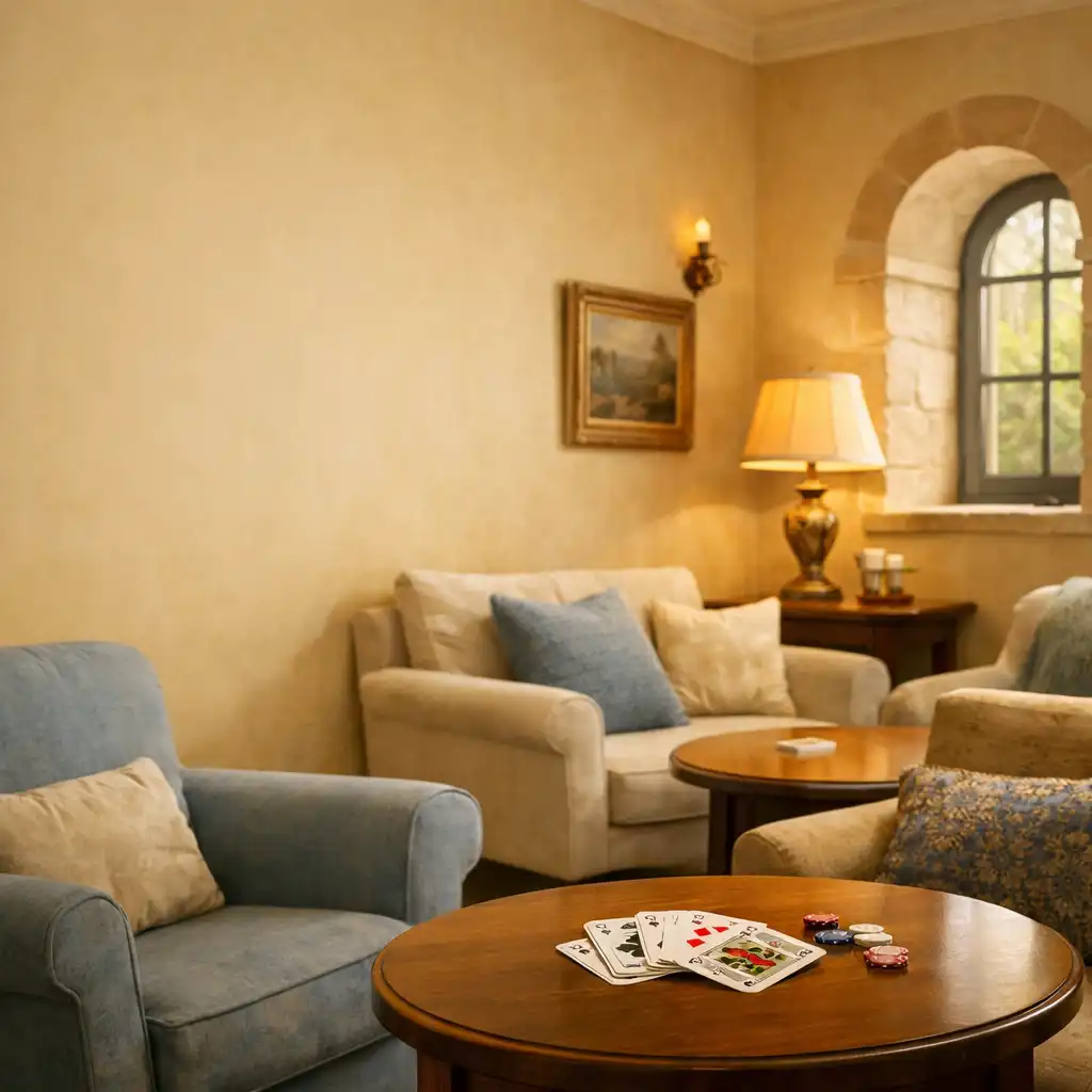 Relaxed card lounge with round tables, soft seating, and papyrus-toned walls