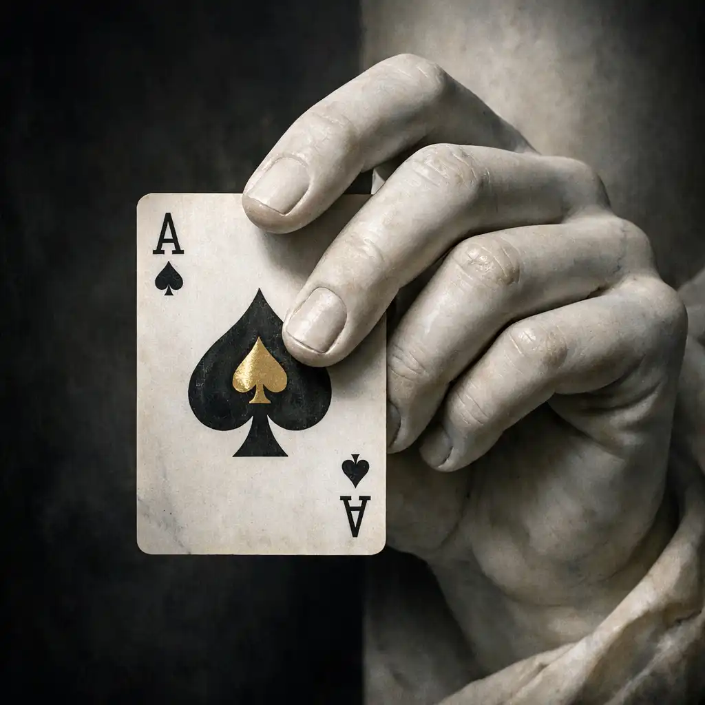 Classical marble hand holding a single playing card