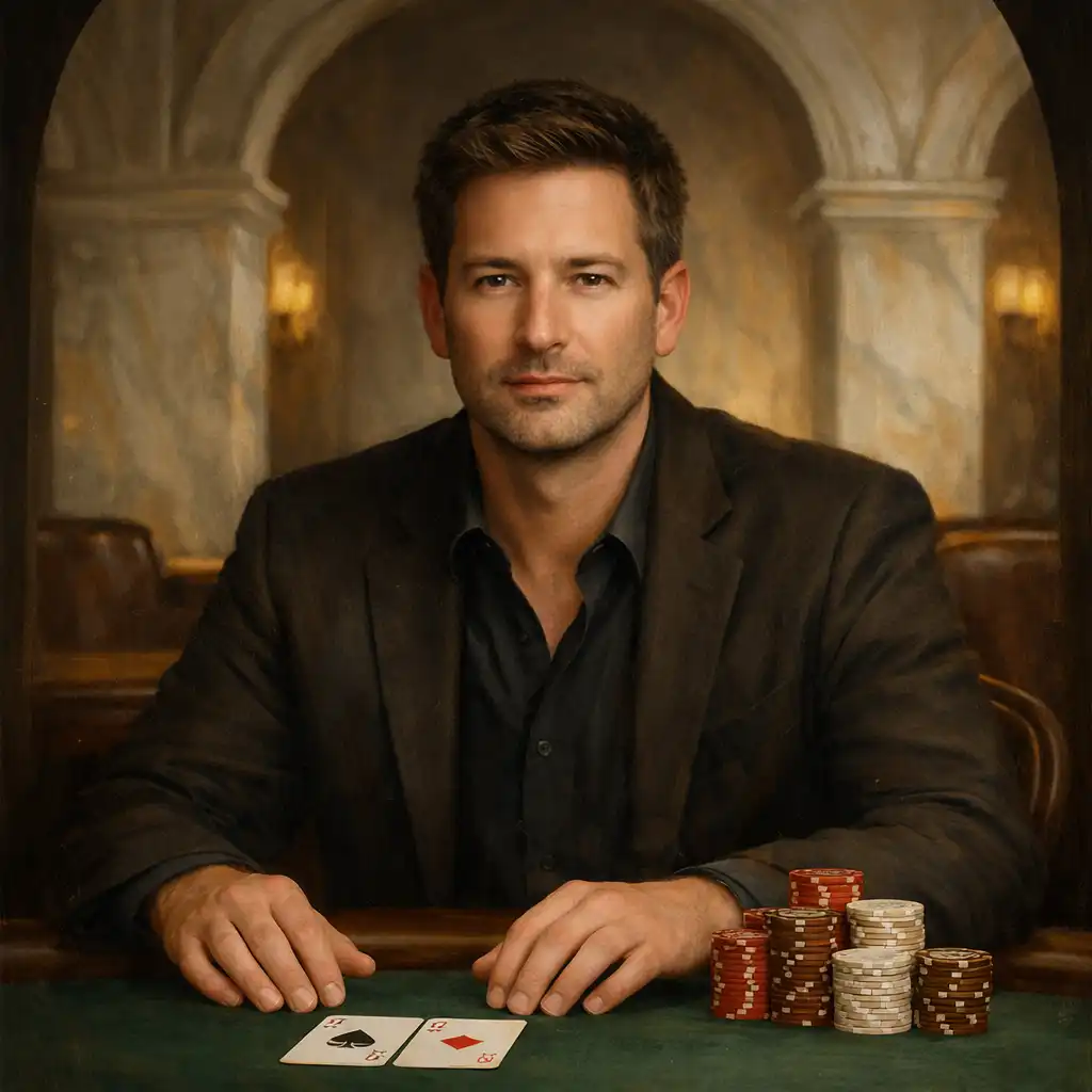 A composed poker player seated calmly at a table in a softly lit Renaissance-style card lounge