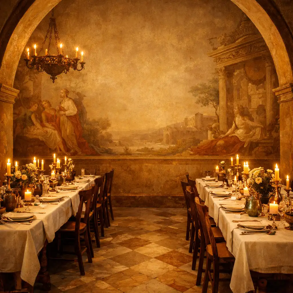 The frescoed dining room with long tables and warm candlelight