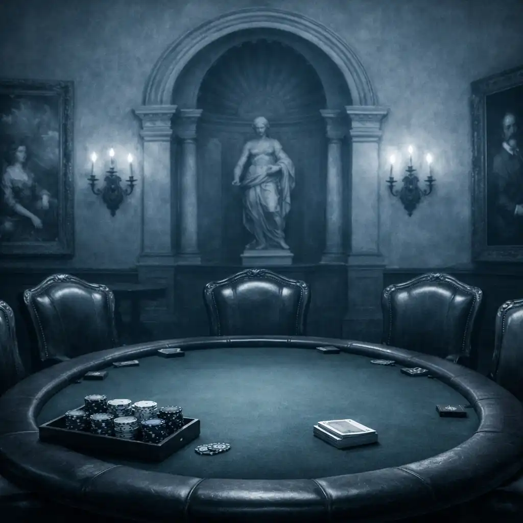Interior of the offline poker salon with a central oval table, leather chairs, and warm brass lighting
