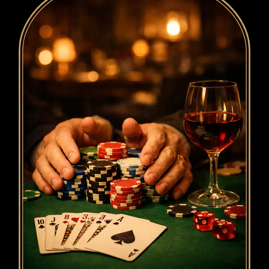 Still life of hands hovering over clay chips and fanned playing cards on green felt