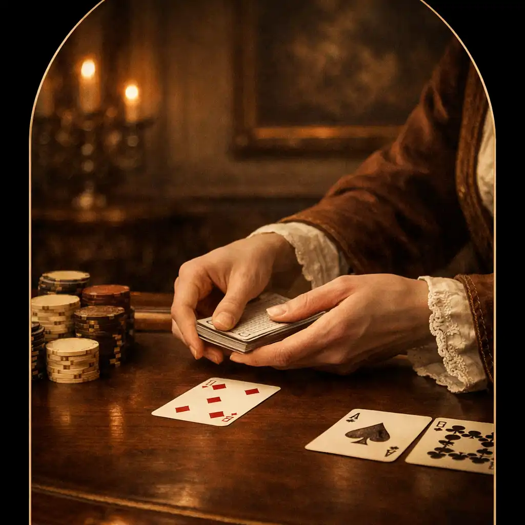 Hands dealing cards gently on a softly lit poker table with neat chip stacks nearby