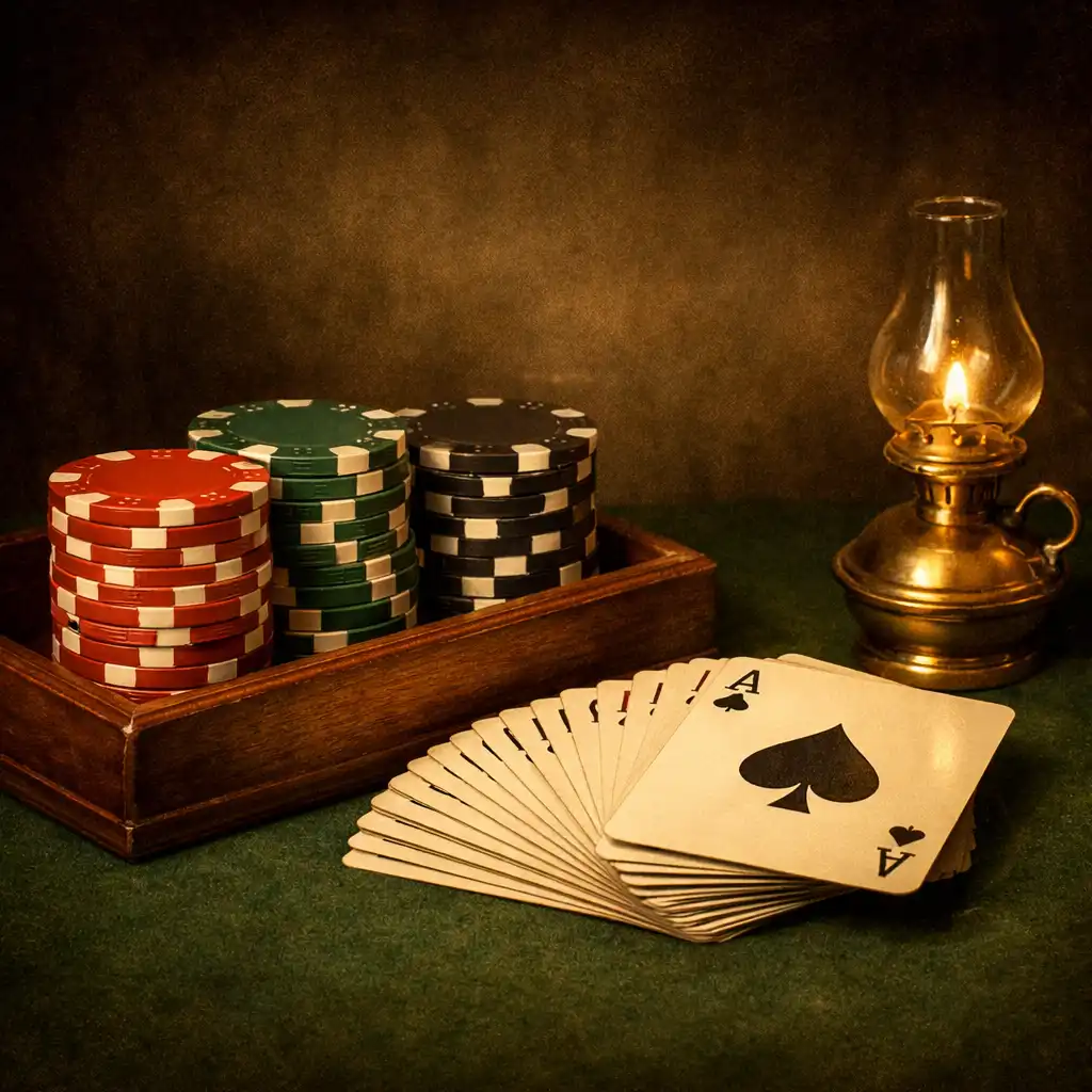 Close-up of clay chips, fanned cards, and a brass lamp on a green felt table