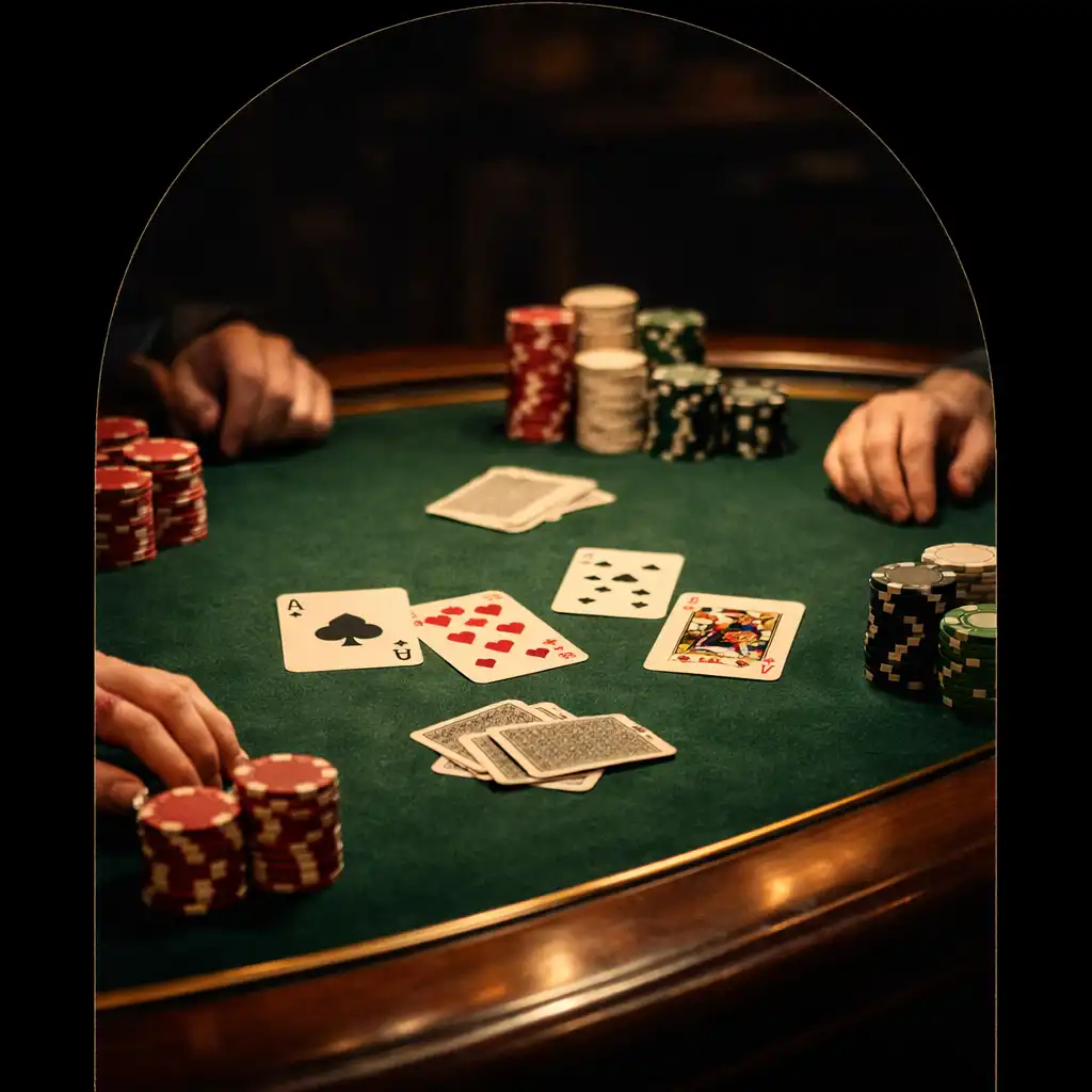 Arched view of a poker table with green felt, playing cards, and stacks of clay chips under warm gallery light