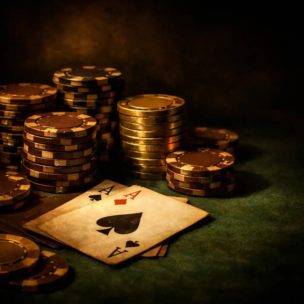 Close-up of poker chips and playing cards on a green felt table