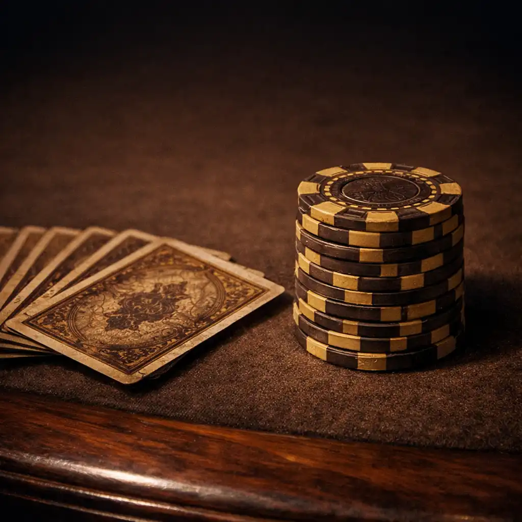 Close-up of a poker table with chocolate felt, clay-composite chips, and Renaissance-inspired cards
