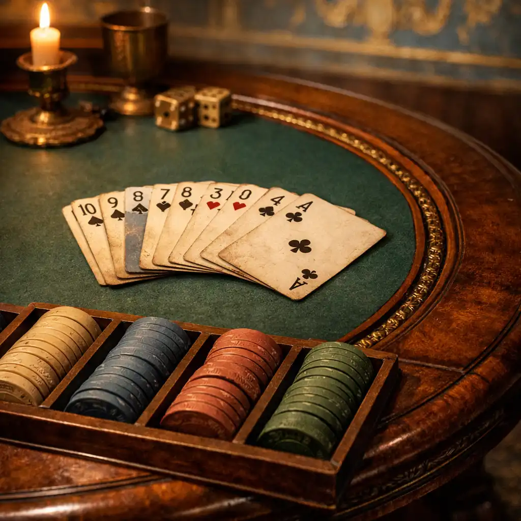 Close-up still life of a handcrafted poker table with felt surface, wooden rim, chip trays, and a fanned deck of cards in soft candlelight