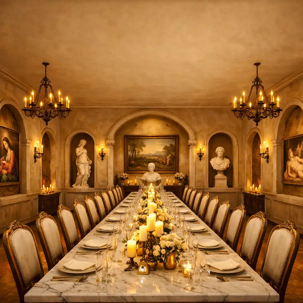Warmly lit private dining room with a long marble-topped table set for guests, fresco-toned walls, and arched niches displaying classical artworks