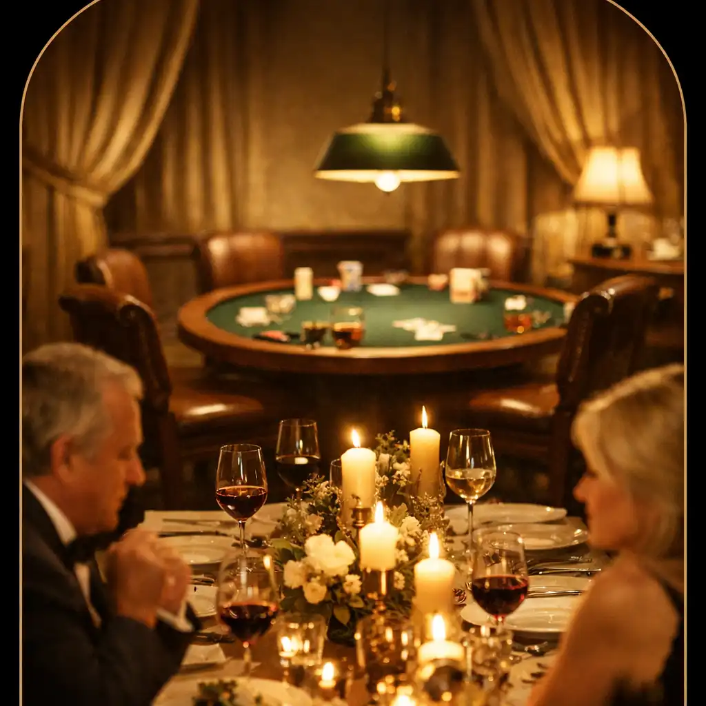 Private evening dining room with candlelit table and a poker table set up in the background