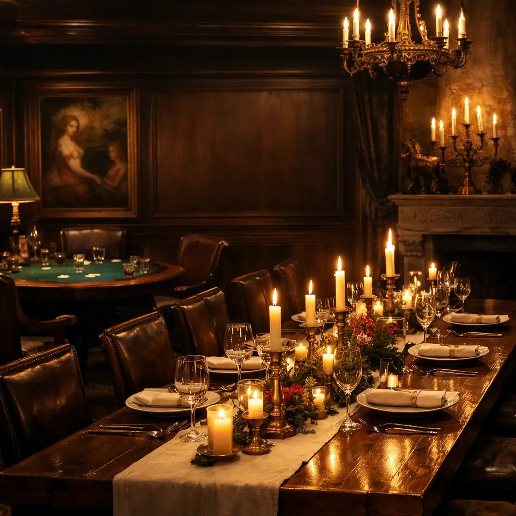 Intimate private salon with a long table set for dinner and candles