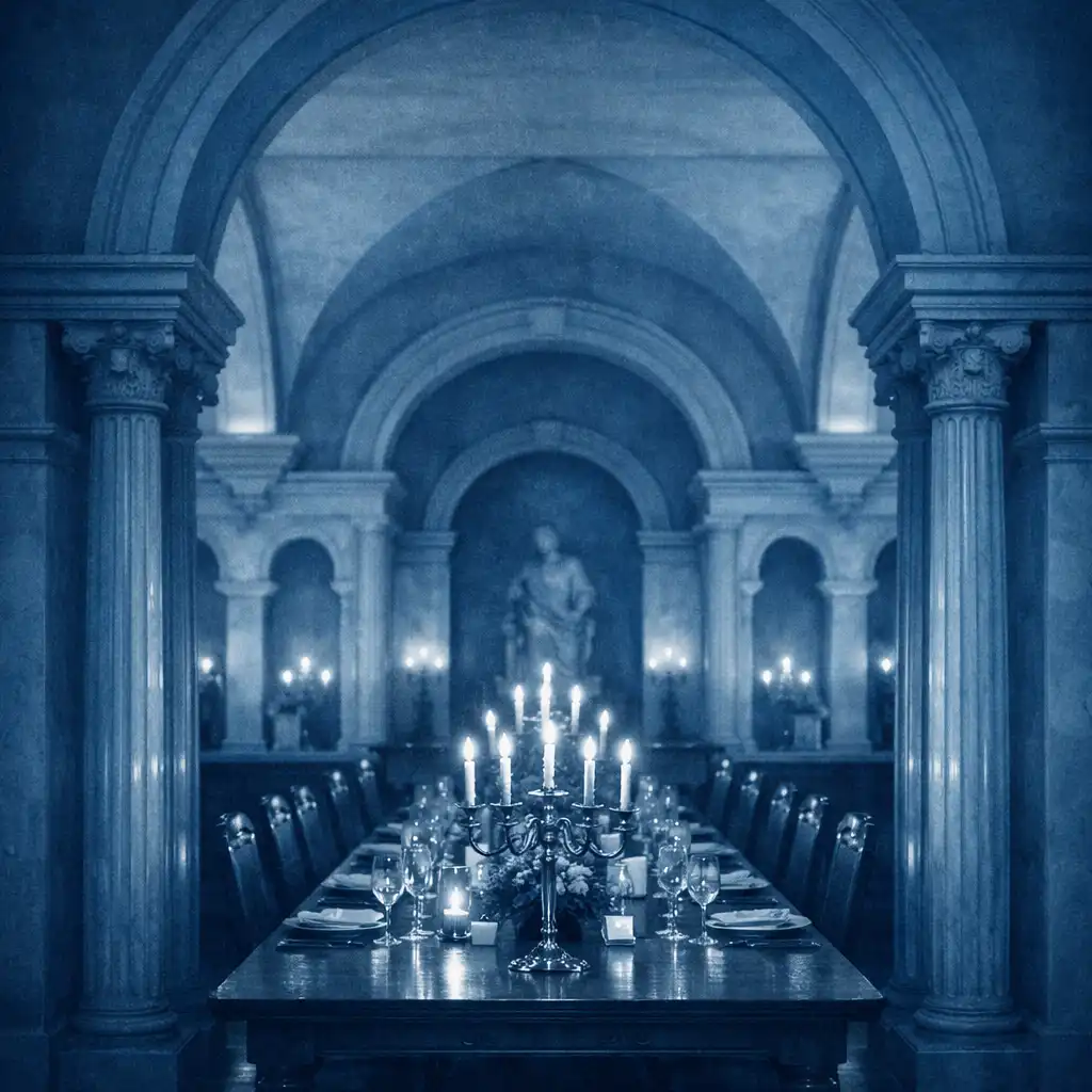 Renaissance-inspired dining interior with arched niches, classical columns, and candlelit tables