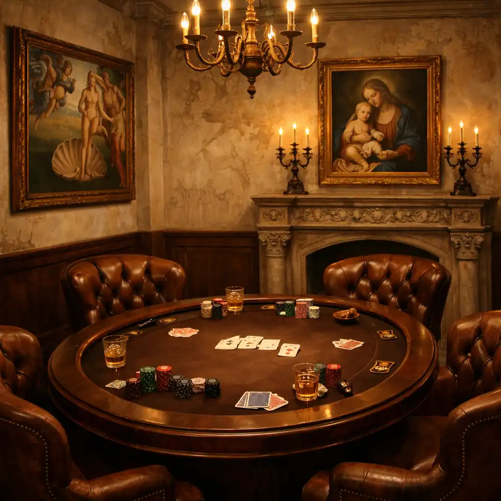 Warm interior of the Ashend Willoow poker salon with a dark timber table, marble walls, and classical artworks