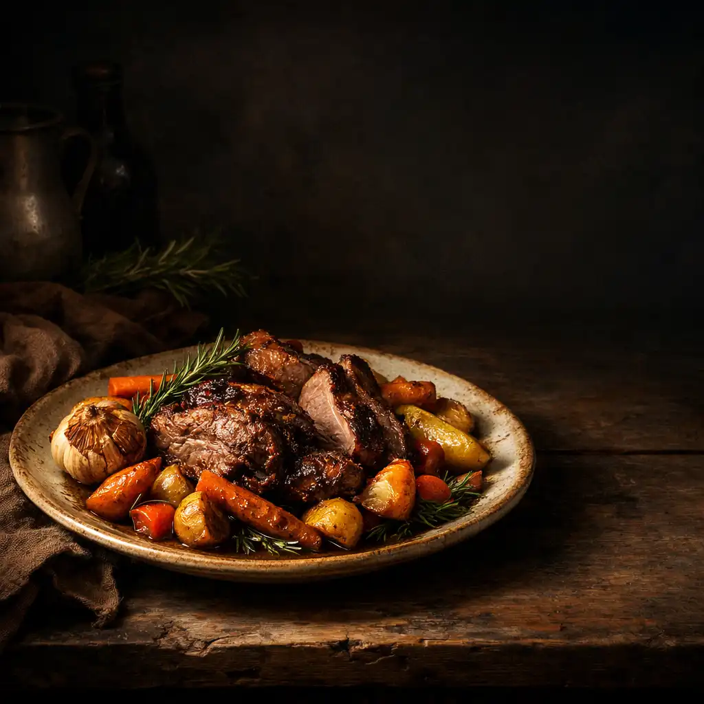 Still life of a seasonal dish with slow-roasted lamb and vegetables