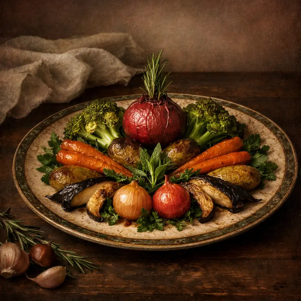Seasonal dish plated like a Renaissance still life with roasted vegetables and herbs