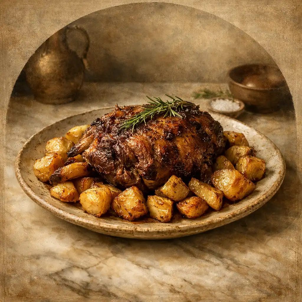 Wood-fired lamb shoulder plated with rosemary potatoes and a red wine reduction on a marble table